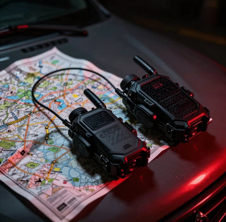 Cinematic high-contrast close-up of tactical communication gear and a rugged map on a vehicle hood, dramatic low-key lighting, red ambient glow.