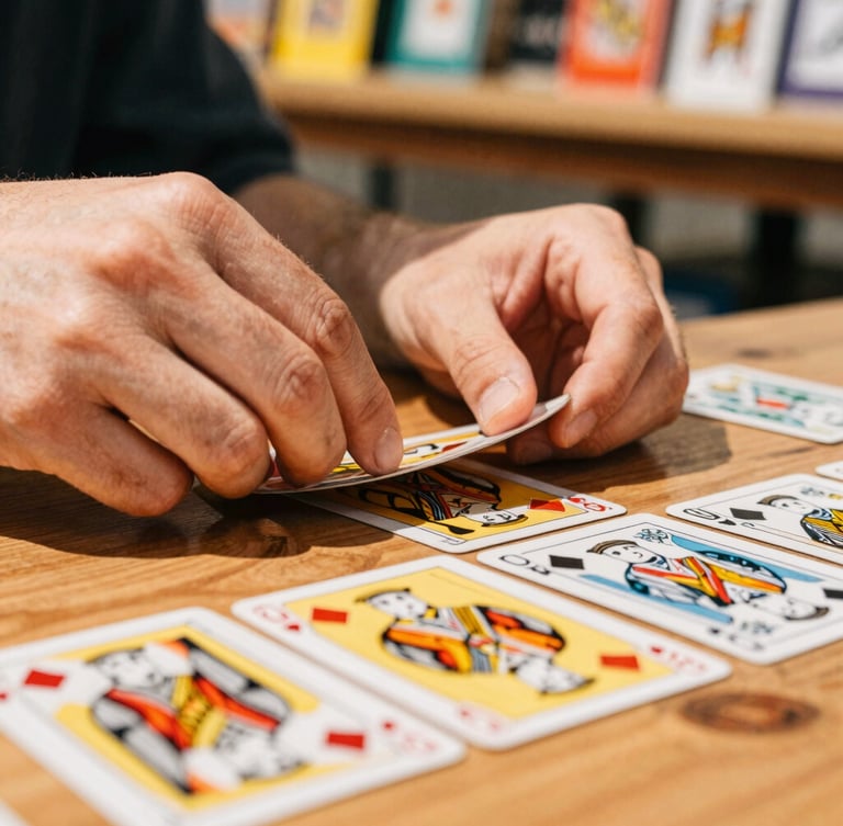 Close-up of hands carefully shuffling trading cards on a wooden tabletop, bright natural daylight, warm vintage tones