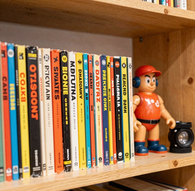 Vibrant editorial photography of neatly stacked vintage comic book spines and retro action figures on a wooden shelf, warm interior shop glow, 35mm lens
