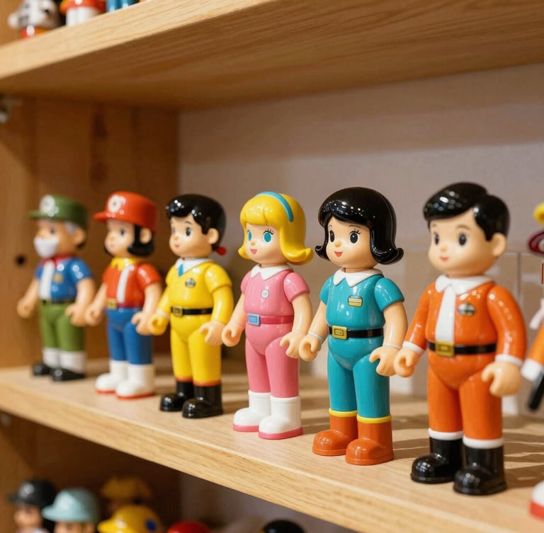 Vibrant editorial photography of vintage 1980s action figures lined up on a wooden shelf, warm interior shop glow, nostalgic saturated colors, 35mm lens