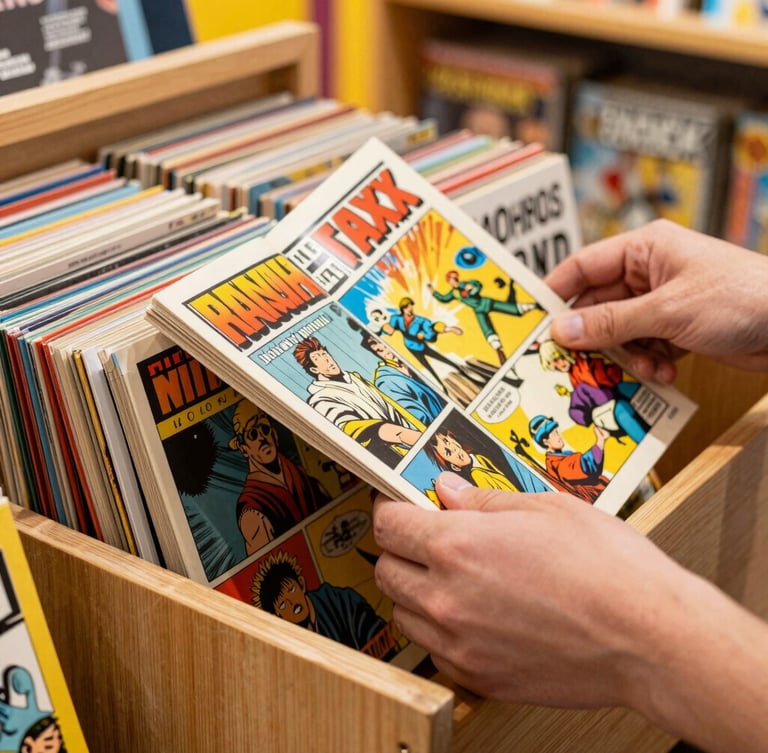 Close-up of hands carefully flipping through comic books inside a wooden longbox, warm lighting, vibrant editorial style