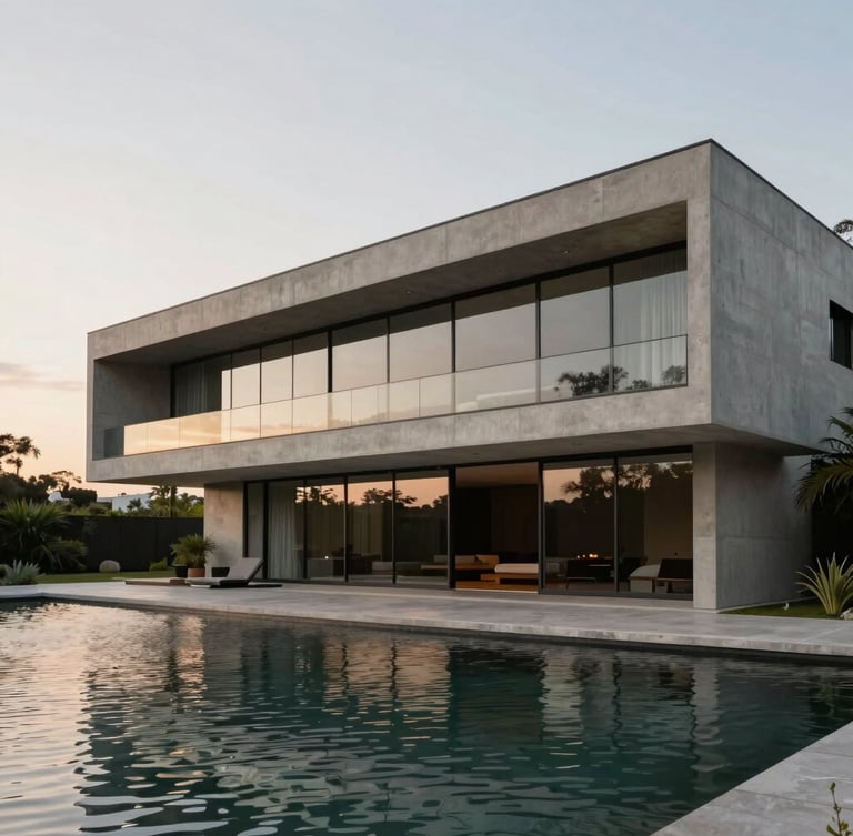 Wide architectural shot of a modern minimalist concrete and glass villa in São Paulo, flooded with soft evening daylight, clean lines, negative space on the left, high-end editorial feel.