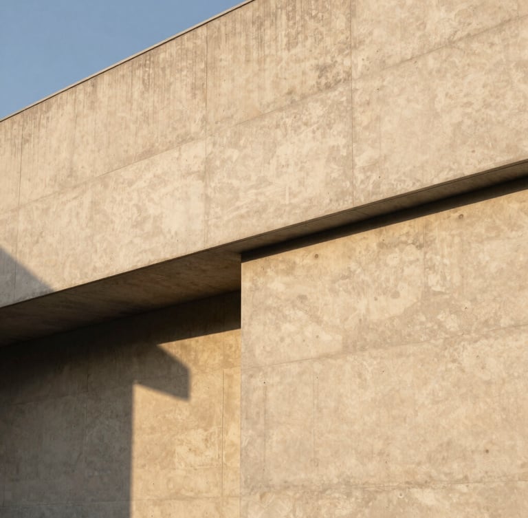 Minimalist concrete building facade with sharp geometric lines under soft golden hour light, architectural shadows, generous negative space