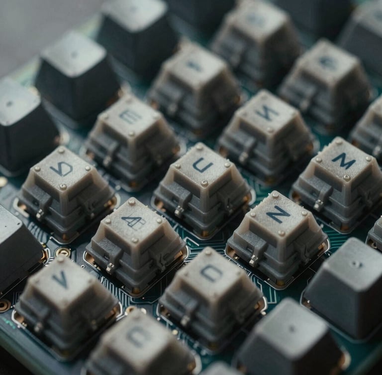 Moody macro close-up of a disassembled mechanical keyboard, showing tactile switches and internal circuit board, directional side-lighting with deep shadows, desaturated cool tones, 35mm