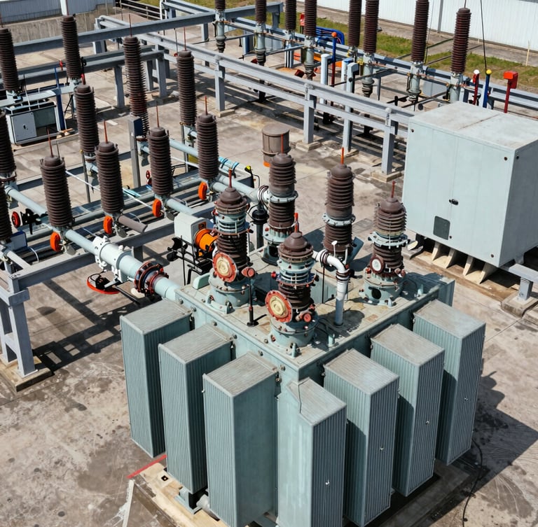 Close-up of heavy electrical switchgear and massive transformer conduits at an industrial substation, harsh direct sunlight, gritty technical detail