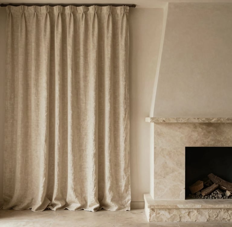 Warm architectural photography of a minimalist residential interior, focusing on a raw linen curtain and a local stone fireplace, soft natural daylight, muted earth tones, high-end editorial, 35mm lens