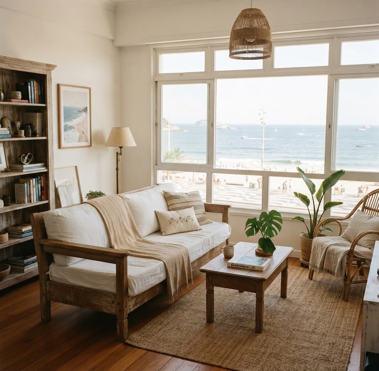 Bright editorial interior of a sunlit Copacabana apartment, warm natural daylight streaming through large windows, wooden furniture, crisp white linens, 35mm film.