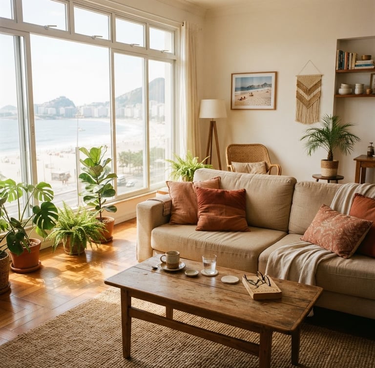 Bright sunlit apartment interior in Copacabana, natural light streaming through large windows onto clean wooden floors, terracotta cushions on a sandy beige sofa, fresh local coffee on the table, 35mm film style.