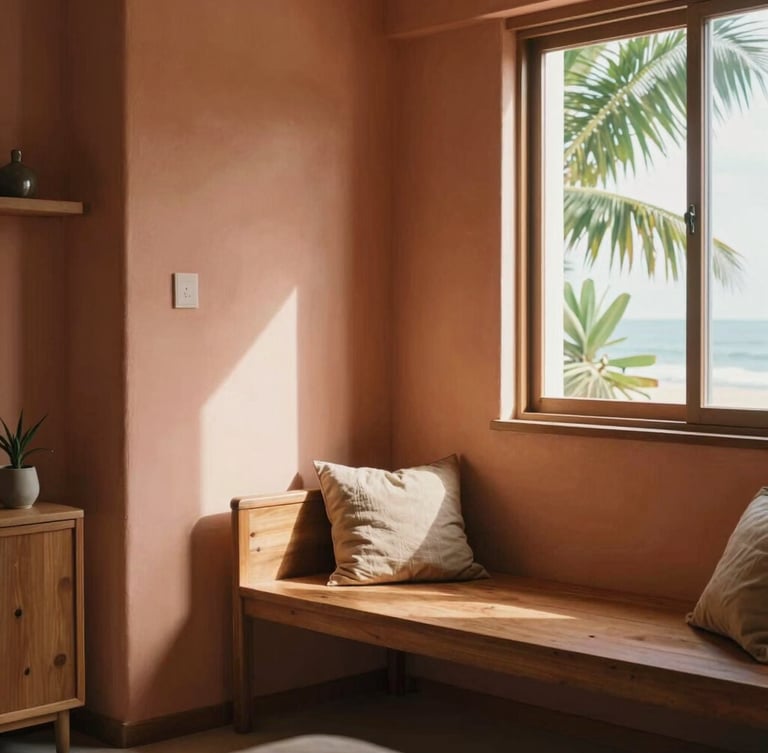 Sunlit cozy reading nook in a Brazilian apartment, warm terracotta tones, wooden furniture, green leaves visible through the window, soft editorial photography.