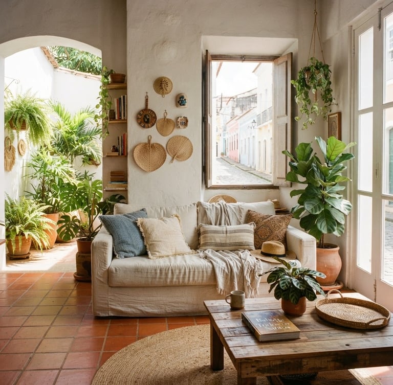 Bright editorial interior photography of a sunlit living room in Salvador, warm natural daylight, soft coastal tones, terracotta tiles, cozy linen sofa, 35mm film.