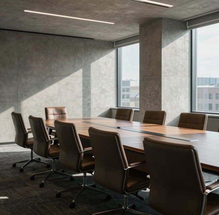 Wide-angle architectural detail of a modern corporate boardroom with empty leather chairs, concrete walls, and sharp geometric shadows cast by cool natural daylight filtering through large windows.