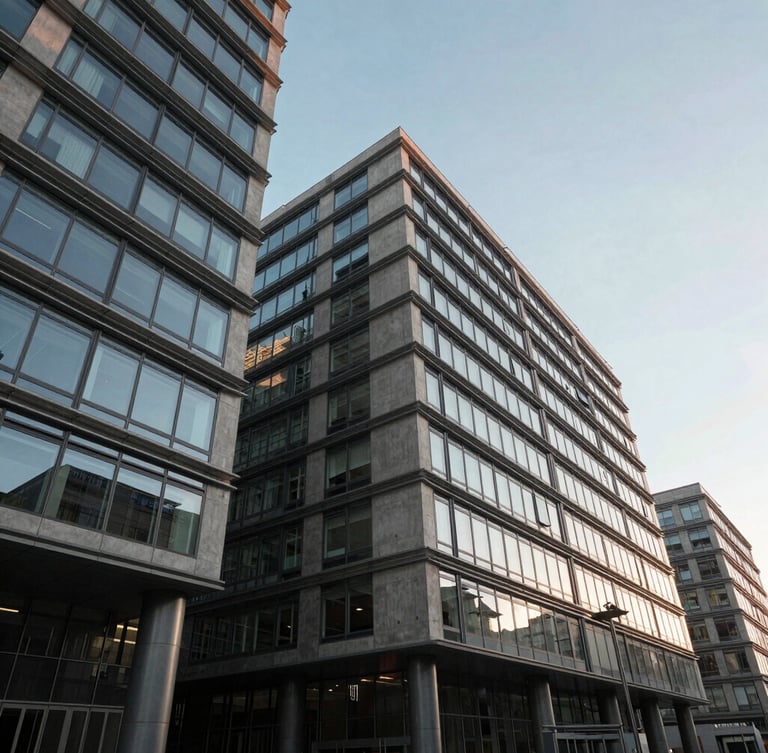 Wide-angle architectural shot of a modern corporate building exterior, concrete and glass facades, sharp geometric lines, cool natural morning daylight.
