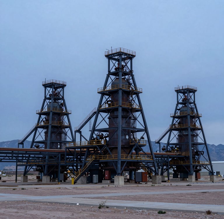 Wide environmental shot of Cedar City landscape with industrial steel structures, cold blue hour lighting.