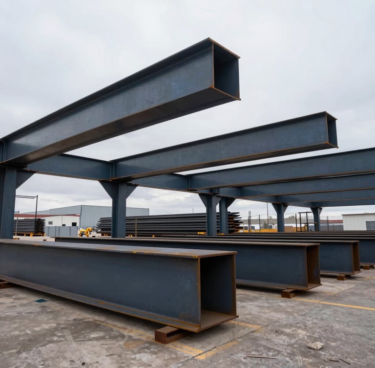 Wide environmental shot of Southern Utah industrial steel fabrication yard under overcast cold daylight, structural steel beams, wide-angle lens