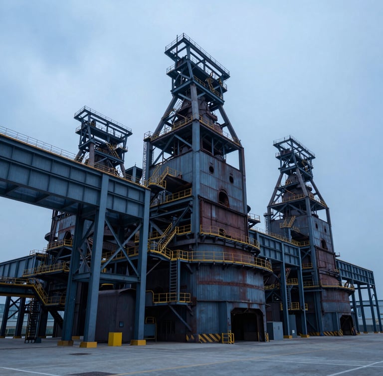 Wide-angle architectural photograph of a modern industrial steel forge facility, overcast daylight, cold blue hour tones, structural steel frame.