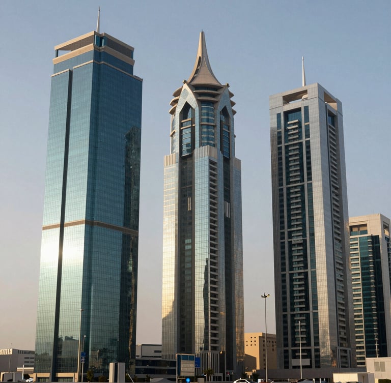 Sharp, high-contrast architectural shot of Riyadh's King Abdullah Financial District (KAFD) in bright morning light, showing structured glass and polished steel facades against a crisp sky.