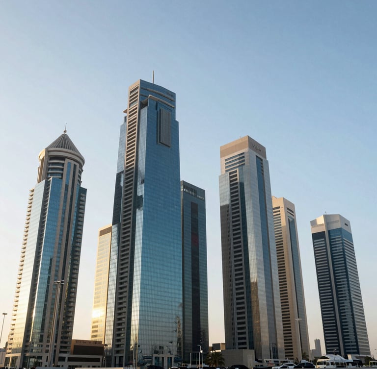 Wide-angle architectural shot of Riyadh's King Abdullah Financial District (KAFD) in sharp, high-contrast morning light, soaring glass and steel skyscrapers against a clear pale blue sky, clean lines, spacious composition.