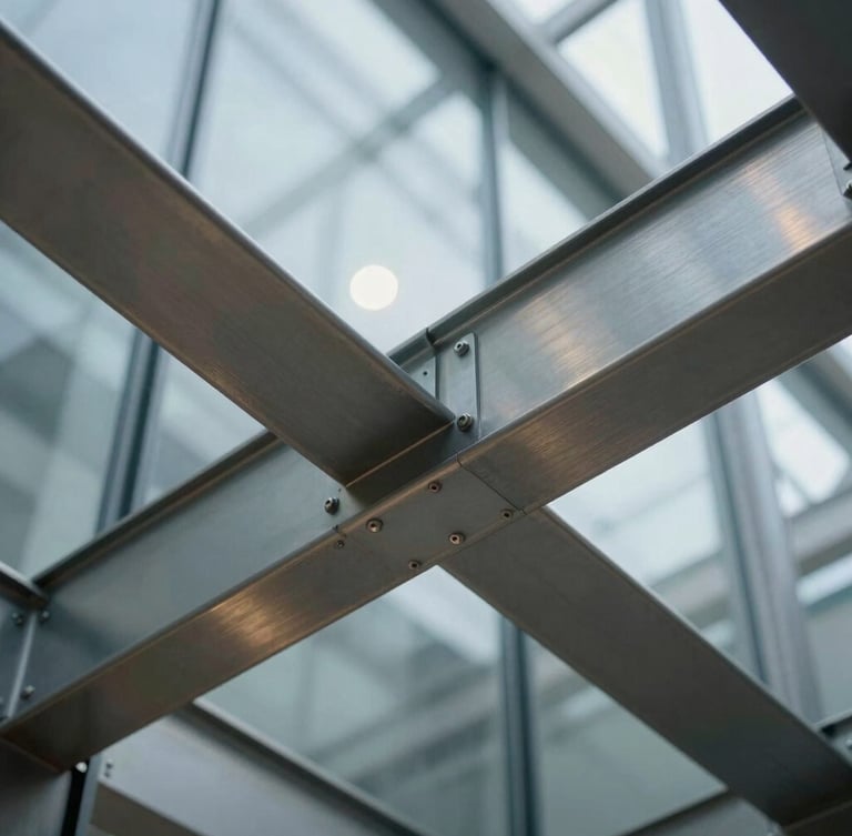 Macro detail of brushed steel beams intersecting with polished structural glass, cool-toned architectural lighting, sharp focus on premium materials.