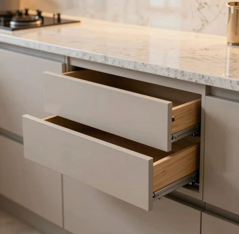 Architectural interior photography showing a close-up of a premium modular kitchen setup, perfect drawer alignment, warm ambient light reflecting off a polished quartz countertop, high-end editorial