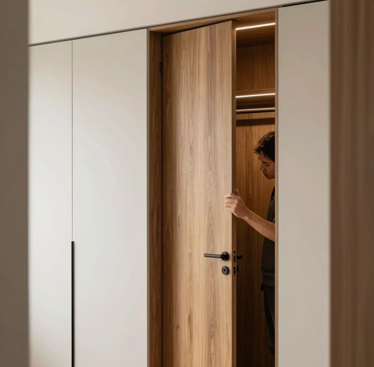 Vertical portrait architectural shot of a sleek modular wardrobe installation, a craftsman checking the alignment of a teak wood door, soft natural light