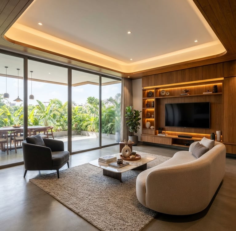 Architectural interior of a modern Hyderabad living room with warm ambient integrated LED ceiling lights and crisp teak wood joinery, wide-angle 24mm lens