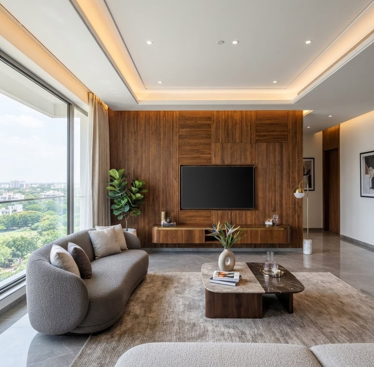 Architectural interior photography of a modern Hyderabad living room, showing a custom teak wood wall paneling meeting a pristine false ceiling with warm integrated LED lighting, bright natural daylight, high-end editorial, 24mm lens.