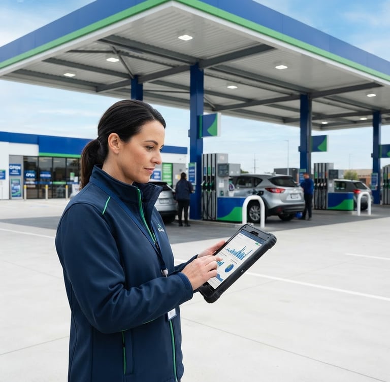 Modern, clean gas station forecourt in bright daylight, with a professional operator reviewing data on a tablet in the foreground, crisp corporate blue and green tones, sharp focus, editorial B2B style.