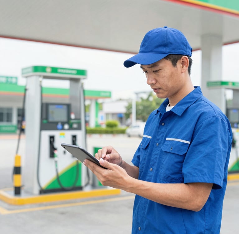 Professional gas station attendant in clean uniform, reviewing a tablet with a digital checklist, bright daylight, modern gas station forecourt in background, crisp corporate blue and green tones, sharp focus, editorial B2B style