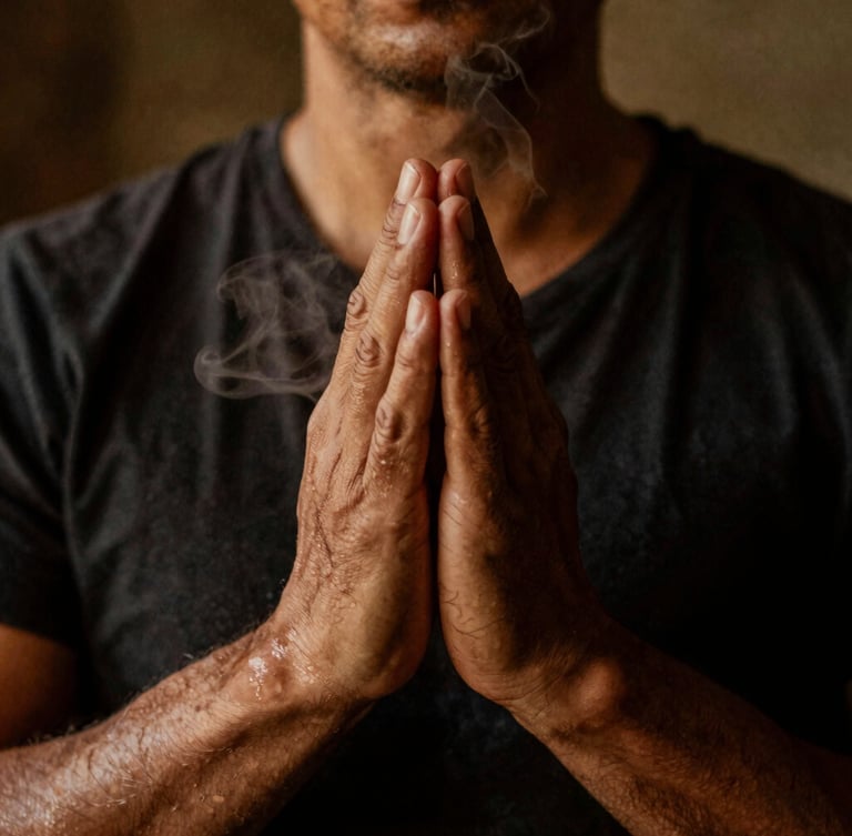 Close-up portrait of a practitioner's calloused hands in a prayer-like gesture, with visible sweat and steam, dramatically lit from behind with warm ember tones, deep shadows, 35mm film grain.