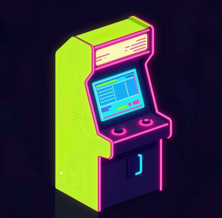 Vibrant vector illustration of a retro arcade cabinet glowing with cyber-lime and hot pink neon light, dark synthwave backlighting, isometric framing, 80s arcade style