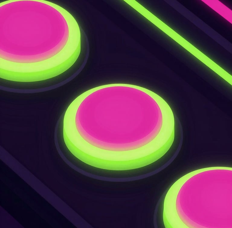 Extreme close-up of glowing mechanical arcade buttons, hot pink and cyber-lime neon lighting, dark high-contrast cyber-aesthetic, clean isometric shapes