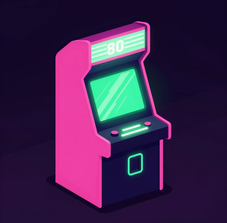 Vibrant vector illustration of a glowing retro arcade cabinet in a dark room with neon synthwave pink and green lighting