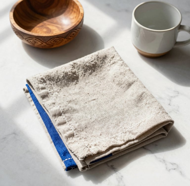 Top-down flat lay of tactile linen napkins, a hand-carved wooden bowl, and a ceramic cup on a bright sunlit marble surface, soft window shadows, cobalt blue accents