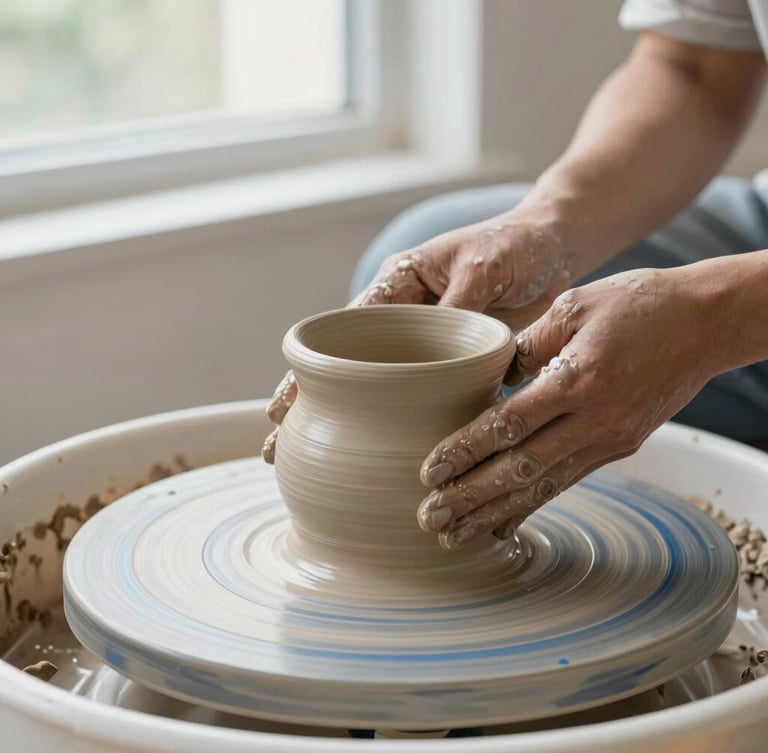Close-up of artisan hands shaping a clay vessel on a pottery wheel, bright natural window light, shallow depth of field, warm organic textures
