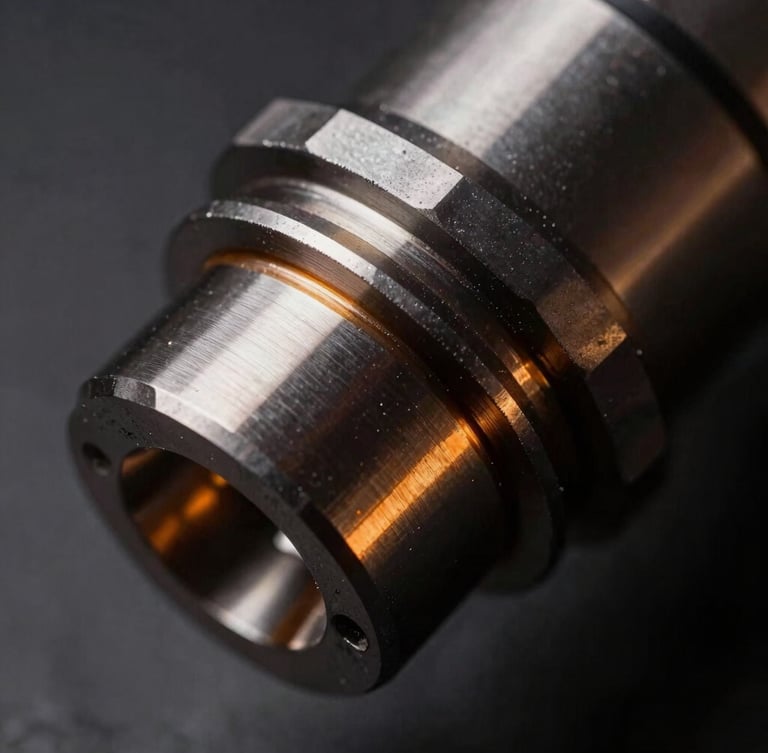 Macro close-up of a high-precision CNC component, sharp metallic reflections, deep charcoal and amber tones, high-contrast studio lighting.