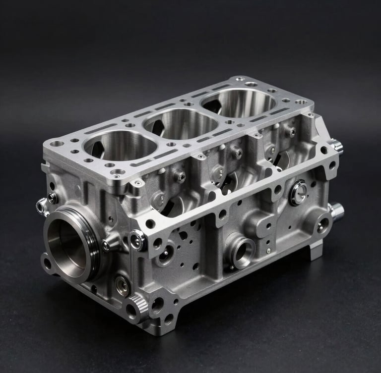 Crisp close-up photography of a pristine metallic engine block, high-contrast studio lighting, deep charcoal background, sharp focus