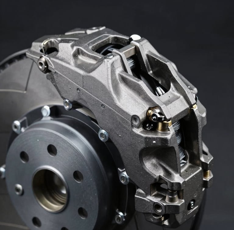 Close-up macro shot of a metallic high-performance brake caliper with pristine finish, cool-toned workshop lighting, 50mm lens
