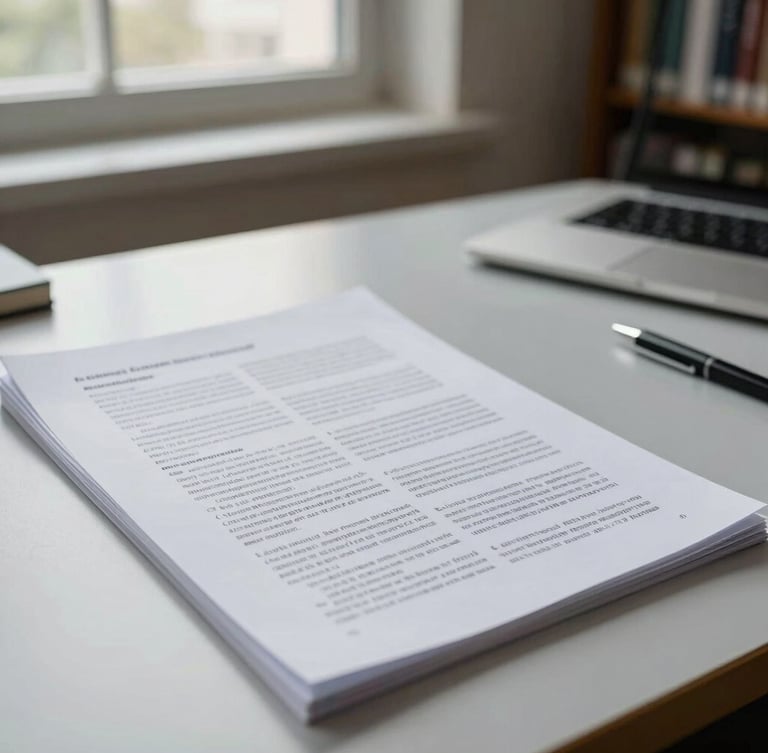 A close-up of a heavily annotated research manuscript on a clean desk, soft overcast light from a library window, editorial composition.