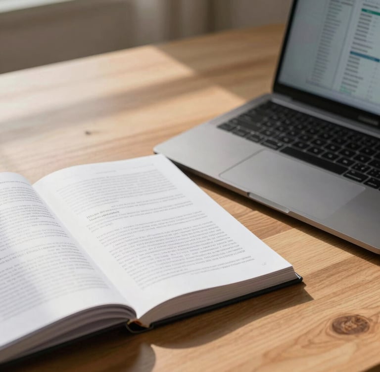 Close-up of a clean wooden desk with an open research manuscript, a modern laptop showing structured data charts, soft morning light.