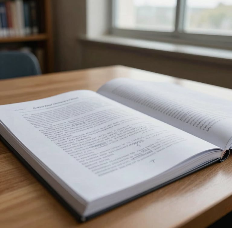 Tight close-up of a heavily annotated academic manuscript on a clean wooden desk, soft overcast light from a library window illuminating pencil marks in the margins.