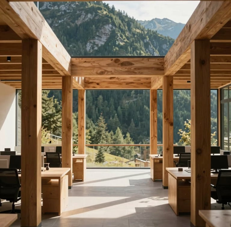Architectural crop of a modern mountain office interior, warm timber beams, natural daylight casting soft shadows, minimalist structured workspace