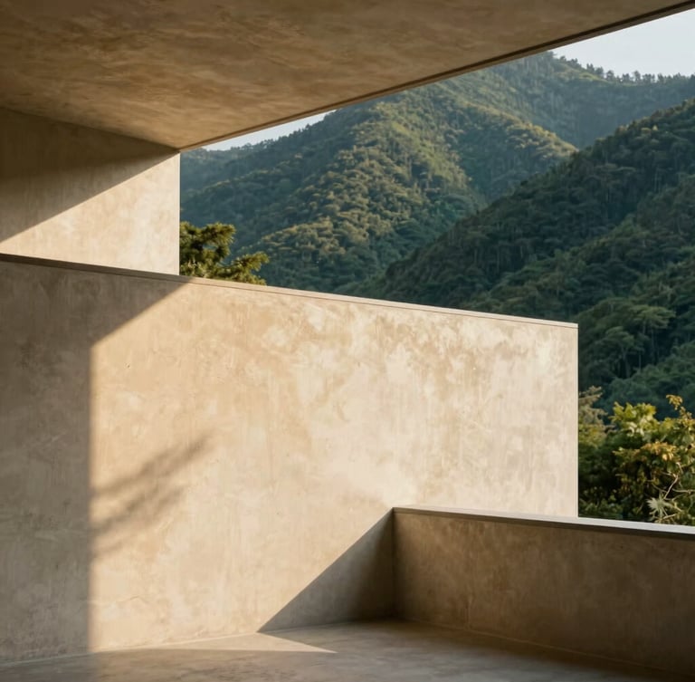 Architectural crop of a modern mountain office interior, warm natural daylight casting soft linear shadows on a textured plaster wall, 35mm