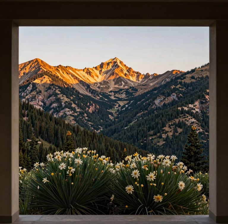 Stark, high-contrast mountain landscape of the Utah range at golden hour, resilient alpine flora in the foreground, warm natural light, architectural framing