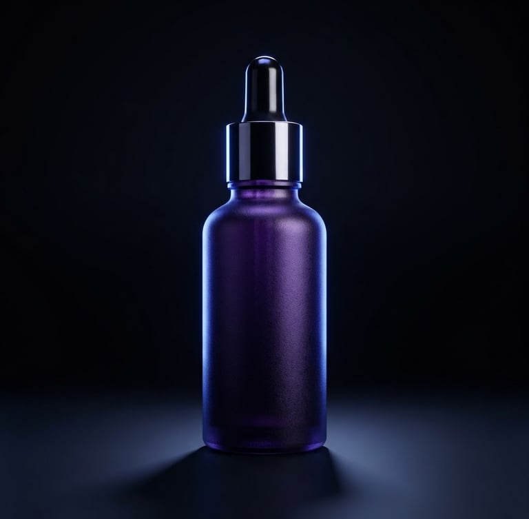 Macro close-up of a premium cosmetic bottle with deep violet texture and electric blue studio rim lighting, casting sharp shadows on a dark background, 3D render, cinematic depth of field.