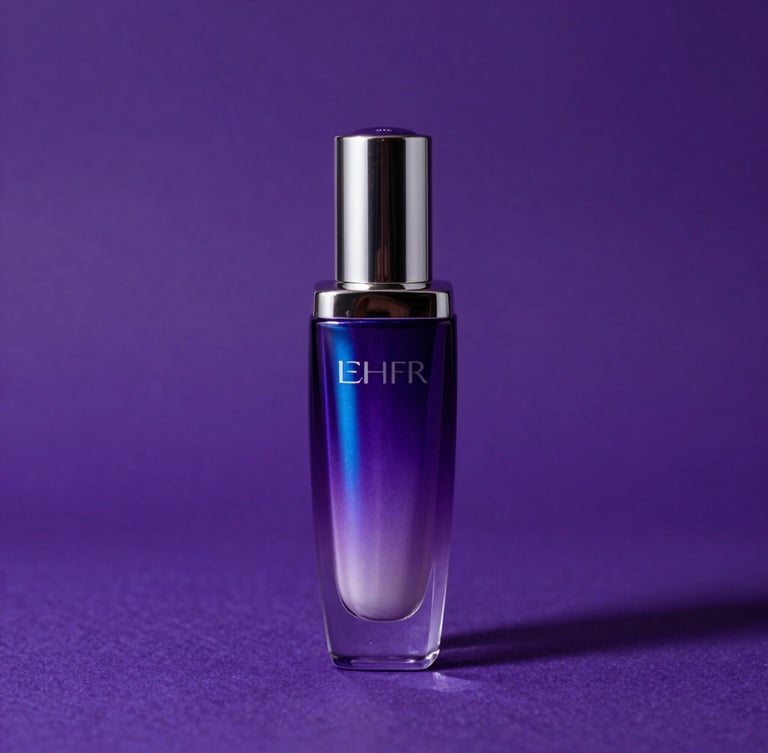 A sharp portrait of premium cosmetic packaging with holographic details under dramatic purple studio lighting, high-contrast shadows, clean editorial composition