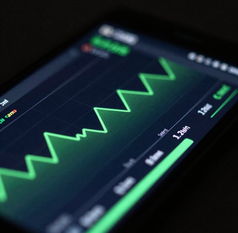 Macro shot of a physical Android device screen displaying a terminal performance monitor with green line graphs, low-key cool-toned lighting, sharp neon green accents