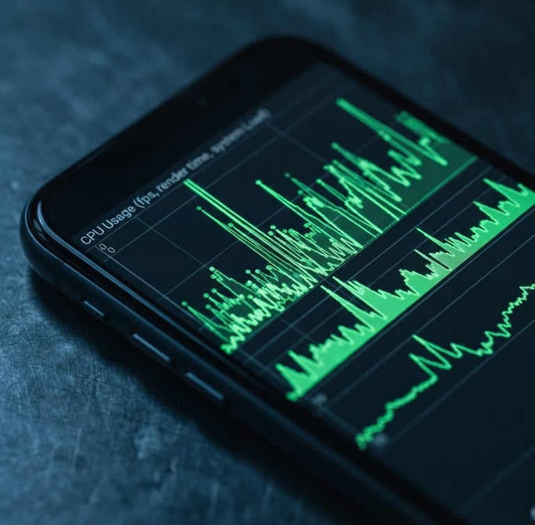 Macro photography of a physical Android device screen displaying a sharp green CPU profiling graph, low-key cool-toned studio lighting, 35mm lens
