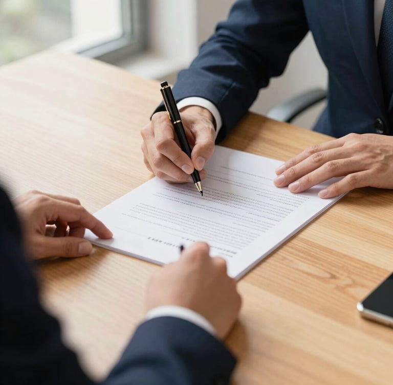 Close-up of hands writing on legal documents on a clean wooden desk, warm natural window light, professional corporate setting