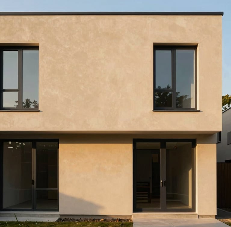 Straight eye-level architectural shot of a modern minimalist duplex exterior in morning light, warm sand-colored plaster, dark window frames, generous negative space on the left
