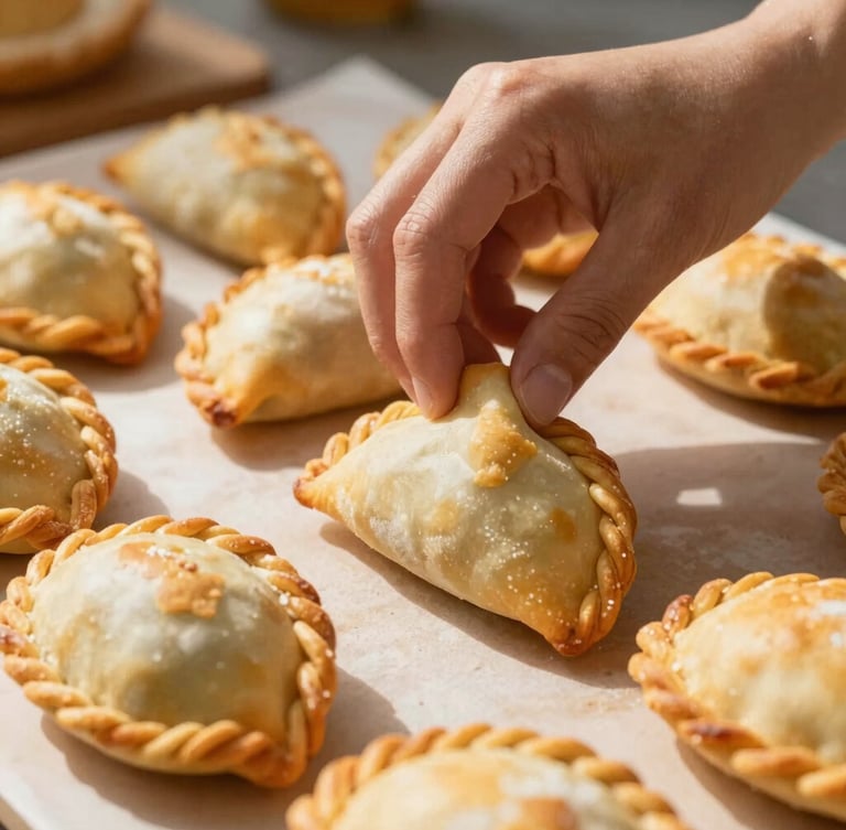 Close-up of golden-brown empanadas being hand-pinched in a warm kitchen, bright natural sunlight, rich golden tones, shallow depth of field.